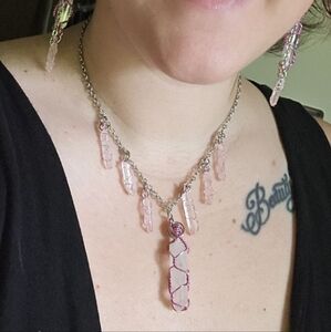 Wire-wrap Quartz Necklace & X2 Earrings SET - Stainless Steel - Handmade